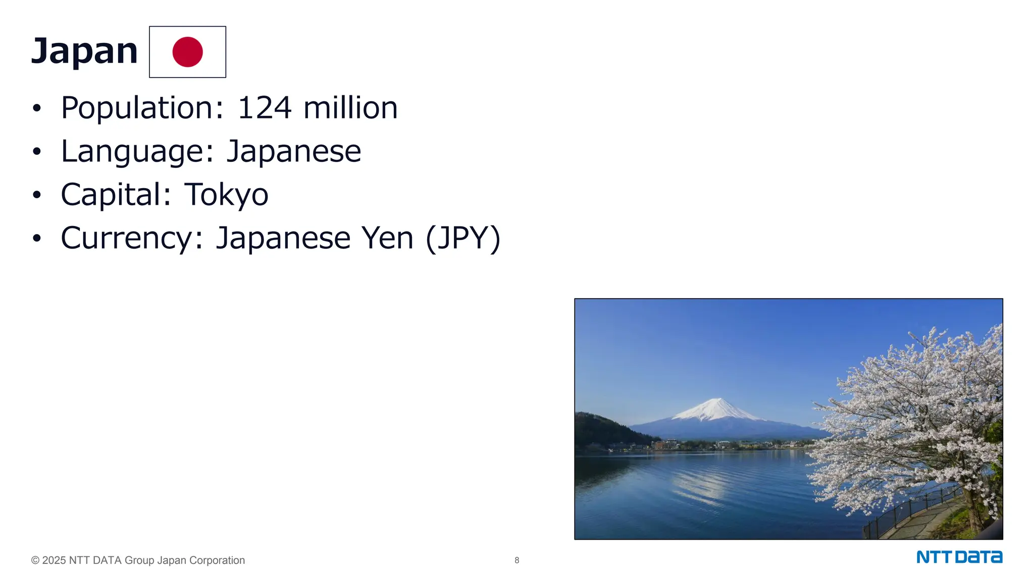 © 2025 NTT DATA Group Japan Corporation 8
• Population: 124 million
• Language: Japanese
• Capital: Tokyo
• Currency: Japanese Yen (JPY)
Japan
 