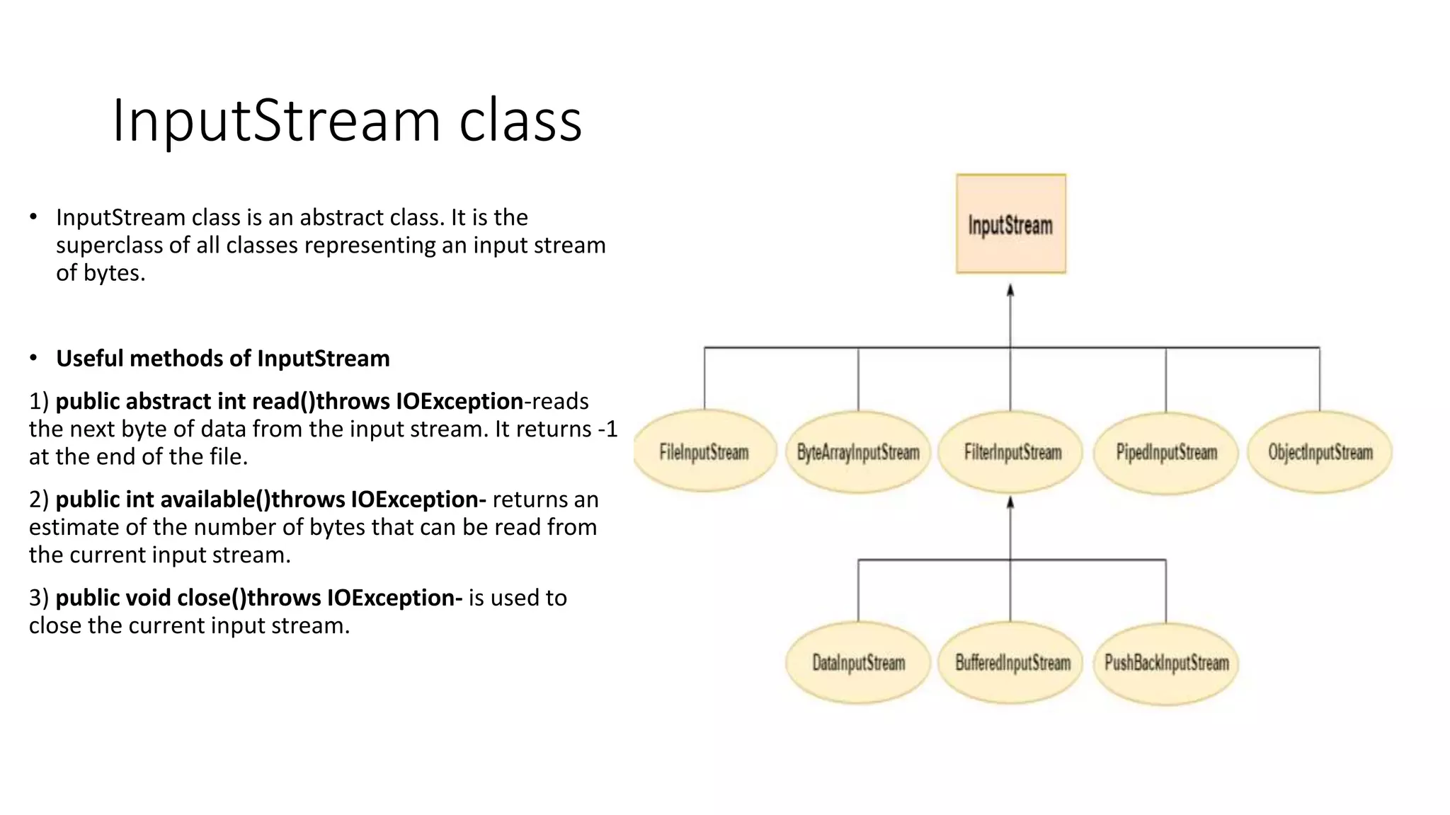 InputStream class
• InputStream class is an abstract class. It is the
superclass of all classes representing an input stream
of bytes.
• Useful methods of InputStream
1) public abstract int read()throws IOException-reads
the next byte of data from the input stream. It returns -1
at the end of the file.
2) public int available()throws IOException- returns an
estimate of the number of bytes that can be read from
the current input stream.
3) public void close()throws IOException- is used to
close the current input stream.
 