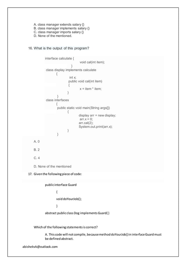 Multiple Choice Questions for Java interfaces and exception handling | DOCX