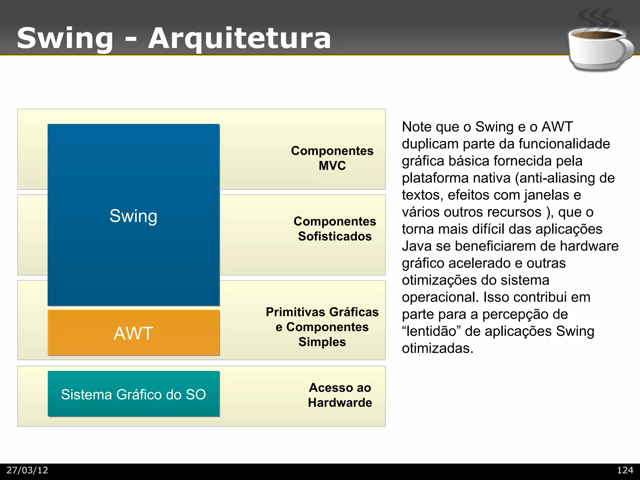 Swing - Arquitetura

                                                         Note que o Swing e o AWT
                                       Componentes
                                                         duplicam parte da funcionalidade
                                          MVC            gráfica básica fornecida pela
                                                         plataforma nativa (anti-aliasing de
                                                         textos, efeitos com janelas e
                 Swing                                   vários outros recursos ), que o
                                       Componentes
                                       Sofisticados
                                                         torna mais difícil das aplicações
                                                         Java se beneficiarem de hardware
                                                         gráfico acelerado e outras
                                                         otimizações do sistema
                                                         operacional. Isso contribui em
                                   Primitivas Gráficas   parte para a percepção de
                                    e Componentes        “lentidão” de aplicações Swing
                  AWT                   Simples
                                                         otimizadas.

                                          Acesso ao
           Sistema Gráfico do SO
                                          Hardwarde




27/03/12                                                                                   124
 