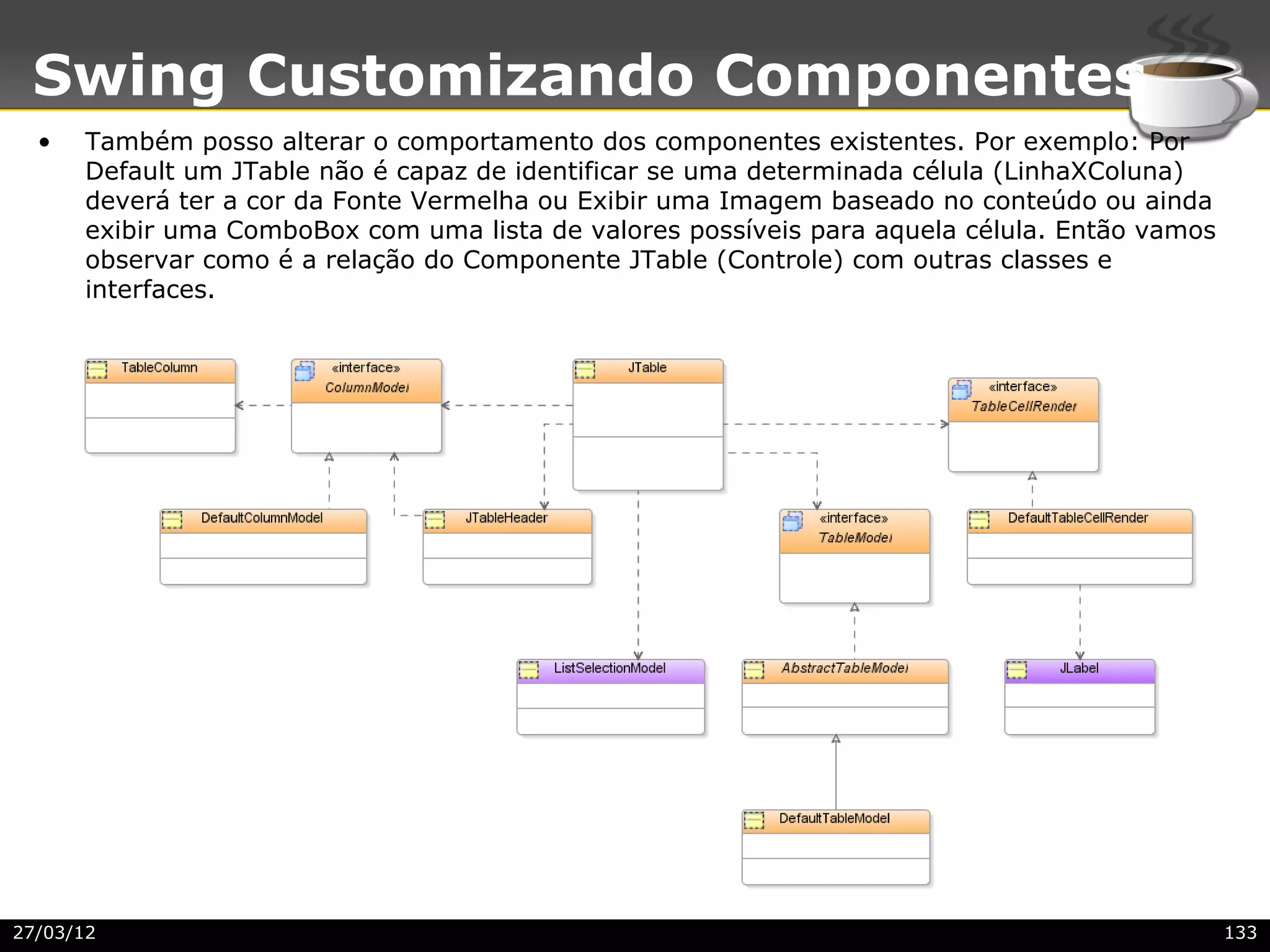 Swing Customizando Componentes
  •   Também posso alterar o comportamento dos componentes existentes. Por exemplo: Por
      Default um JTable não é capaz de identificar se uma determinada célula (LinhaXColuna)
      deverá ter a cor da Fonte Vermelha ou Exibir uma Imagem baseado no conteúdo ou ainda
      exibir uma ComboBox com uma lista de valores possíveis para aquela célula. Então vamos
      observar como é a relação do Componente JTable (Controle) com outras classes e
      interfaces.




27/03/12                                                                                       133
 