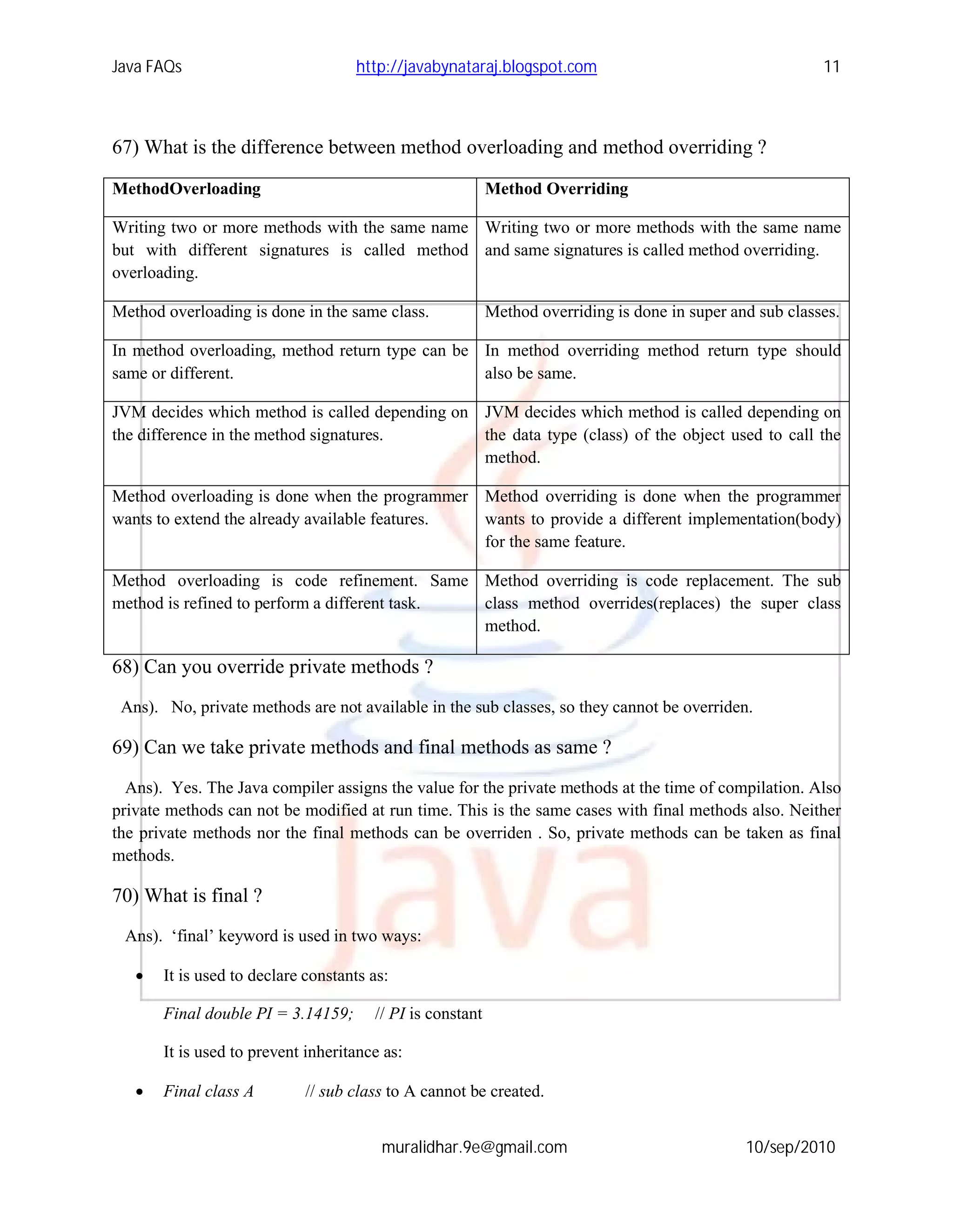 Java FAQs                           http://javabynataraj.blogspot.com                                      11



67) What is the difference between method overloading and method overriding ?

MethodOverloading                                          Method Overriding

Writing two or more methods with the same name Writing two or more methods with the same name
but with different signatures is called method and same signatures is called method overriding.
overloading.

Method overloading is done in the same class.              Method overriding is done in super and sub classes.

In method overloading, method return type can be In method overriding method return type should
same or different.                               also be same.

JVM decides which method is called depending on JVM decides which method is called depending on
the difference in the method signatures.        the data type (class) of the object used to call the
                                                method.

Method overloading is done when the programmer Method overriding is done when the programmer
wants to extend the already available features. wants to provide a different implementation(body)
                                                for the same feature.

Method overloading is code refinement. Same Method overriding is code replacement. The sub
method is refined to perform a different task. class method overrides(replaces) the super class
                                               method.

68) Can you override private methods ?
 Ans). No, private methods are not available in the sub classes, so they cannot be overriden.

69) Can we take private methods and final methods as same ?
  Ans). Yes. The Java compiler assigns the value for the private methods at the time of compilation. Also
private methods can not be modified at run time. This is the same cases with final methods also. Neither
the private methods nor the final methods can be overriden . So, private methods can be taken as final
methods.

70) What is final ?
 Ans). ‘final’ keyword is used in two ways:

      It is used to declare constants as:

       Final double PI = 3.14159;      // PI is constant

       It is used to prevent inheritance as:

      Final class A         // sub class to A cannot be created.


                                        muralidhar.9e@gmail.com                                 10/sep/2010
 