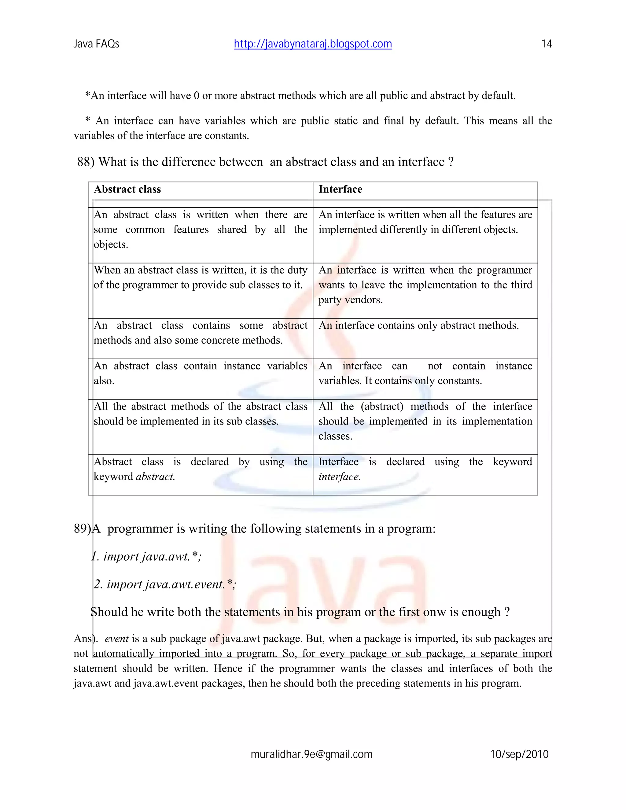 Java FAQs                          http://javabynataraj.blogspot.com                                 14



  *An interface will have 0 or more abstract methods which are all public and abstract by default.

  * An interface can have variables which are public static and final by default. This means all the
variables of the interface are constants.

88) What is the difference between an abstract class and an interface ?

    Abstract class                                    Interface

    An abstract class is written when there are An interface is written when all the features are
    some common features shared by all the implemented differently in different objects.
    objects.

    When an abstract class is written, it is the duty An interface is written when the programmer
    of the programmer to provide sub classes to it. wants to leave the implementation to the third
                                                      party vendors.

    An abstract class contains some abstract An interface contains only abstract methods.
    methods and also some concrete methods.

    An abstract class contain instance variables An interface can          not contain instance
    also.                                        variables. It contains only constants.

    All the abstract methods of the abstract class All the (abstract) methods of the interface
    should be implemented in its sub classes.      should be implemented in its implementation
                                                   classes.

    Abstract class is declared by using the Interface is declared using the keyword
    keyword abstract.                       interface.



89)A programmer is writing the following statements in a program:

   1. import java.awt.*;

    2. import java.awt.event.*;

   Should he write both the statements in his program or the first onw is enough ?
Ans). event is a sub package of java.awt package. But, when a package is imported, its sub packages are
not automatically imported into a program. So, for every package or sub package, a separate import
statement should be written. Hence if the programmer wants the classes and interfaces of both the
java.awt and java.awt.event packages, then he should both the preceding statements in his program.




                                      muralidhar.9e@gmail.com                               10/sep/2010
 