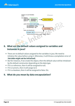 Java Interview Questions
8. What are the default values assigned to variables and
instances in java?
There are no default values assigned to the variables in java. We need to
initialize the value before using it. Otherwise, it will throw a compilation error of
(Variable might not be initialized).
But for instance, if we create the object, then the default value will be initialized
by the default constructor depending on the data type.
If it is a reference, then it will be assigned to null.
If it is numeric, then it will assign to 0.
If it is a boolean, then it will be assigned to false. Etc.
9. What do you mean by data encapsulation?
Page 12 © Copyright by Interviewbit
 