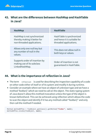 Java Interview Questions
43. What are the diﬀerences between HashMap and HashTable
in Java?
HashMap HashTable
HashMap is not synchronized
thereby making it better for
non-threaded applications.
HashTable is synchronized
and hence it is suitable for
threaded applications.
Allows only one null key but
any number of null in the
values.
This does not allow null in
both keys or values.
Supports order of insertion by
making use of its subclass
LinkedHashMap.
Order of insertion is not
guaranteed in HashTable.
44. What is the importance of reflection in Java?
The term reflection is used for describing the inspection capability of a code
on other code either of itself or of its system and modify it during runtime.
Consider an example where we have an object of unknown type and we have a
method ‘fooBar()’ which we need to call on the object. The static typing system
of Java doesn't allow this method invocation unless the type of the object is
known beforehand. This can be achieved using reflection which allows the code
to scan the object and identify if it has any method called “fooBar()” and only
then call the method if needed.
Method methodOfFoo = fooObject.getClass().getMethod("fooBar", null);
methodOfFoo.invoke(fooObject, null);
Page 42 © Copyright by Interviewbit
 