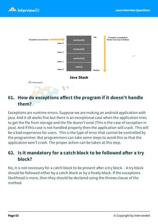 Java Interview Questions
61. How do exceptions aﬀect the program if it doesn't handle
them?
Exceptions are runtime errors. Suppose we are making an android application with
java. And it all works fine but there is an exceptional case when the application tries
to get the file from storage and the file doesn’t exist (This is the case of exception in
java). And if this case is not handled properly then the application will crash. This will
be a bad experience for users. This is the type of error that cannot be controlled by
the programmer. But programmers can take some steps to avoid this so that the
application won’t crash. The proper action can be taken at this step.
62. Is it mandatory for a catch block to be followed a er a try
block?
No, it is not necessary for a catch block to be present a er a try block. - A try block
should be followed either by a catch block or by a finally block. If the exceptions
likelihood is more, then they should be declared using the throws clause of the
method.
Page 53 © Copyright by Interviewbit
 