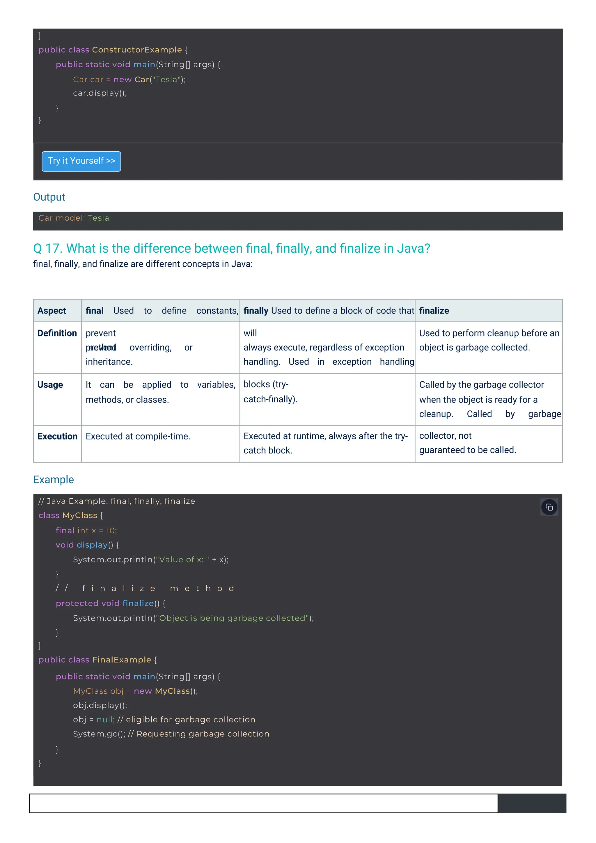 Output
Example
Car model: Tesla
}
public class ConstructorExample {
}
public static void main(String[] args) {
Car car = new Car("Tesla");
car.display();
}
// Java Example: final, finally, finalize
class MyClass {
}
public class FinalExample {
final int x = 10;
void display() {
System.out.println("Value of x: " + x);
}
/ / f i n a l i z e m e t h o d
protected void finalize() {
System.out.println("Object is being garbage collected");
}
}
public static void main(String[] args) {
MyClass obj = new MyClass();
obj.display();
obj = null; // eligible for garbage collection
System.gc(); // Requesting garbage collection
}
Q 17. What is the difference between ﬁnal, ﬁnally, and ﬁnalize in Java?
ﬁnal, ﬁnally, and ﬁnalize are different concepts in Java:
Try it Yourself >>
Execution Executed at compile-time.
Aspect
Deﬁnition
ﬁnal Used to deﬁne constants,
prevent
prevent
method
inheritance.
overriding, or
Usage It
methods, or classes.
can be applied to variables,
ﬁnally Used to deﬁne a block of code that
will
always execute, regardless of exception
handling. Used in exception handling
blocks (try-
catch-ﬁnally).
ﬁnalize
Used to perform cleanup before an
object is garbage collected.
Called by the garbage collector
when the object is ready for a
cleanup. Called by garbage
collector, not
guaranteed to be called.
Executed at runtime, always after the try-
catch block.
 
