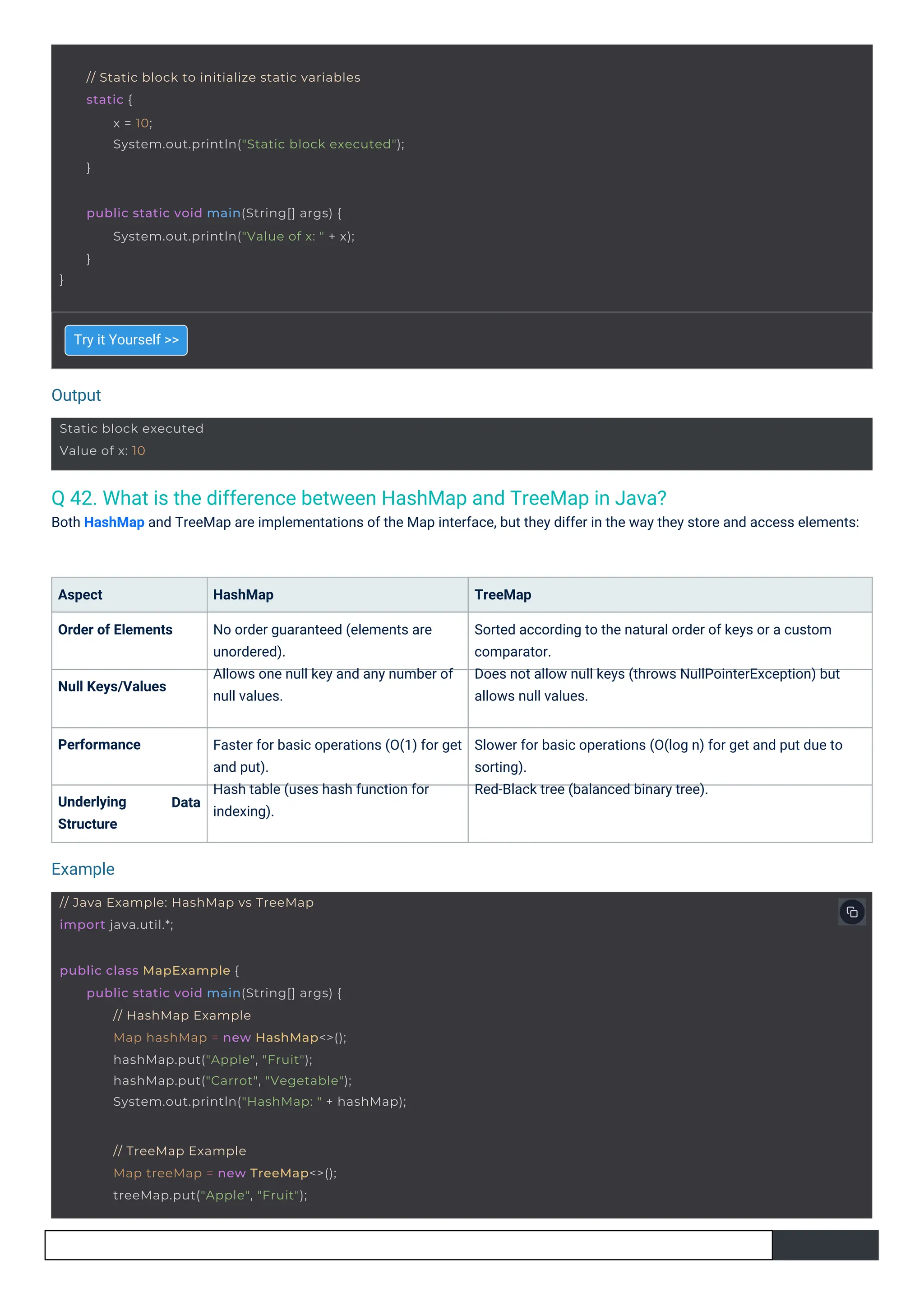 Output
Example
Static block executed
Value of x: 10
// Java Example: HashMap vs TreeMap
import java.util.*;
// TreeMap Example
Map treeMap = new TreeMap<>();
treeMap.put("Apple", "Fruit");
}
public static void main(String[] args) {
System.out.println("Value of x: " + x);
}
public class MapExample {
public static void main(String[] args) {
// HashMap Example
Map hashMap = new HashMap<>();
hashMap.put("Apple", "Fruit");
hashMap.put("Carrot", "Vegetable");
System.out.println("HashMap: " + hashMap);
// Static block to initialize static variables
static {
x = 10;
System.out.println("Static block executed");
}
Q 42. What is the difference between HashMap and TreeMap in Java?
Both HashMap and TreeMap are implementations of the Map interface, but they differ in the way they store and access elements:
Underlying
Structure
Performance
Null Keys/Values
Aspect
Order of Elements
Try it Yourself >>
HashMap
No order guaranteed (elements are
unordered).
Allows one null key and any number of
null values.
TreeMap
Sorted according to the natural order of keys or a custom
comparator.
Does not allow null keys (throws NullPointerException) but
allows null values.
Faster for basic operations (O(1) for get
and put).
Hash table (uses hash function for
indexing).
Slower for basic operations (O(log n) for get and put due to
sorting).
Red-Black tree (balanced binary tree).
Data
 