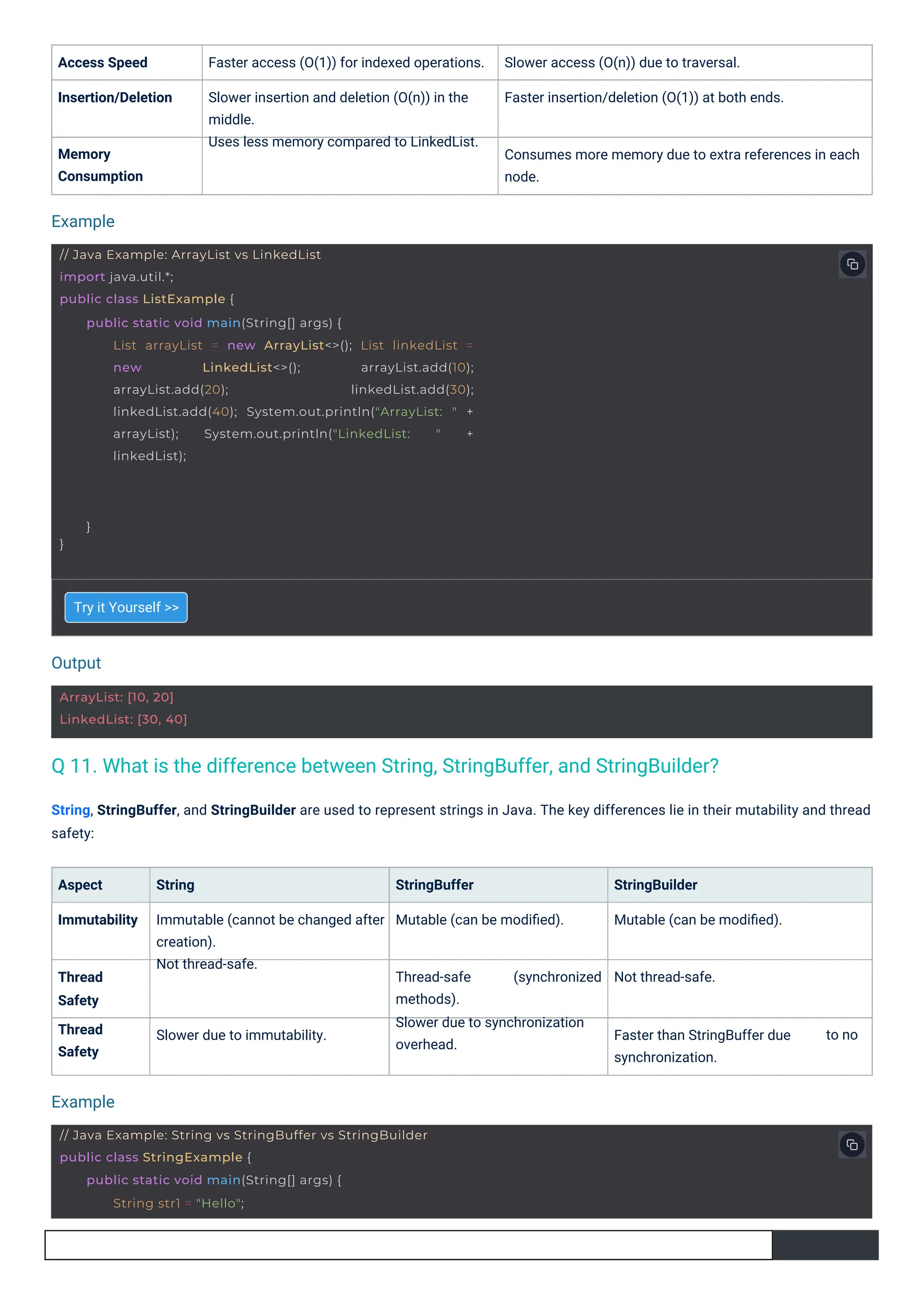 Thread
Safety
Thread
Safety
Aspect
Immutability
Memory
Consumption
Access Speed
Insertion/Deletion
Try it Yourself >>
String
Immutable (cannot be changed after
creation).
Not thread-safe.
StringBuffer
Mutable (can be modiﬁed).
StringBuilder
Mutable (can be modiﬁed).
Thread-safe
methods).
Slower due to synchronization
overhead.
(synchronized Not thread-safe.
Slower due to immutability. Faster than StringBuffer due
synchronization.
to no
Faster access (O(1)) for indexed operations.
Slower insertion and deletion (O(n)) in the
middle.
Uses less memory compared to LinkedList.
Slower access (O(n)) due to traversal.
Faster insertion/deletion (O(1)) at both ends.
Consumes more memory due to extra references in each
node.
String, StringBuffer, and StringBuilder are used to represent strings in Java. The key differences lie in their mutability and thread
safety:
Output
Example
Example
ArrayList: [10, 20]
LinkedList: [30, 40]
// Java Example: ArrayList vs LinkedList
import java.util.*;
public class ListExample {
}
public static void main(String[] args) {
List arrayList = new ArrayList<>(); List linkedList =
new LinkedList<>(); arrayList.add(10);
arrayList.add(20); linkedList.add(30);
linkedList.add(40); System.out.println("ArrayList: " +
arrayList); System.out.println("LinkedList: " +
linkedList);
}
// Java Example: String vs StringBuffer vs StringBuilder
public class StringExample {
public static void main(String[] args) {
String str1 = "Hello";
Q 11. What is the difference between String, StringBuffer, and StringBuilder?
 