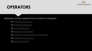 OPERATORS
Operators can be classified into a number of categories:
Arithmetic Operators
Relational Operators
Logical Operators
Assignment Operators
Increment and decrement Operators
Conditional Operators
Bitwise Operators
 