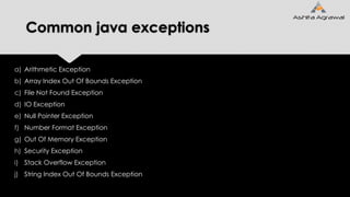 Common java exceptions
a) Arithmetic Exception
b) Array Index Out Of Bounds Exception
c) File Not Found Exception
d) IO Exception
e) Null Pointer Exception
f) Number Format Exception
g) Out Of Memory Exception
h) Security Exception
i) Stack Overflow Exception
j) String Index Out Of Bounds Exception
 