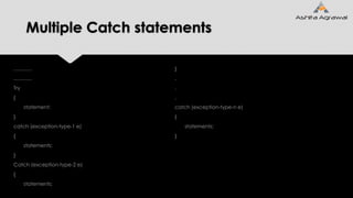 Multiple Catch statements
.............
.............
Try
{
statement;
}
catch (exception-type-1 e)
{
statements;
}
Catch (exception-type-2 e)
{
statements;
}
.
.
.
catch (exception-type-n e)
{
statements;
}
 