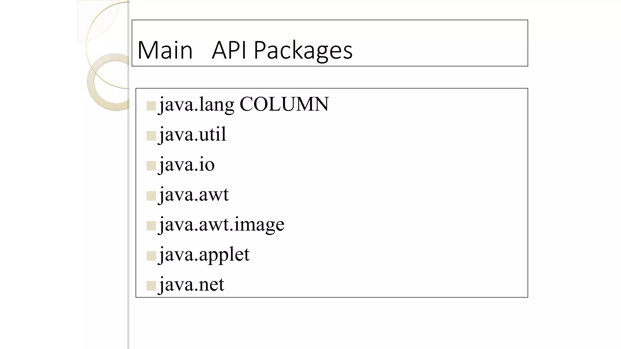 Main API Packages
■java.lang COLUMN
■java.util
■java.io
■java.awt
■java.awt.image
■java.applet
■java.net
 