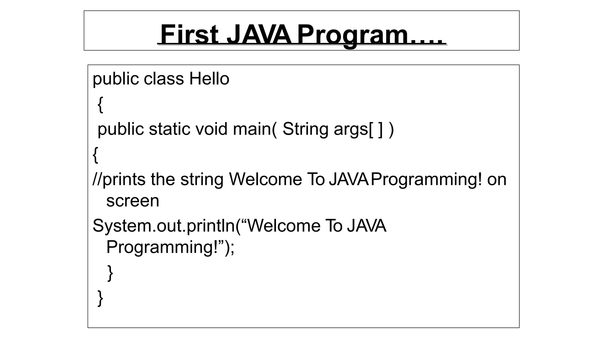 First JAVA Program….
public class Hello
{
public static void main( String args[ ] )
{
//prints the string Welcome To JAVAProgramming! on
screen
System.out.println(“Welcome To JAVA
Programming!”);
}
}
 