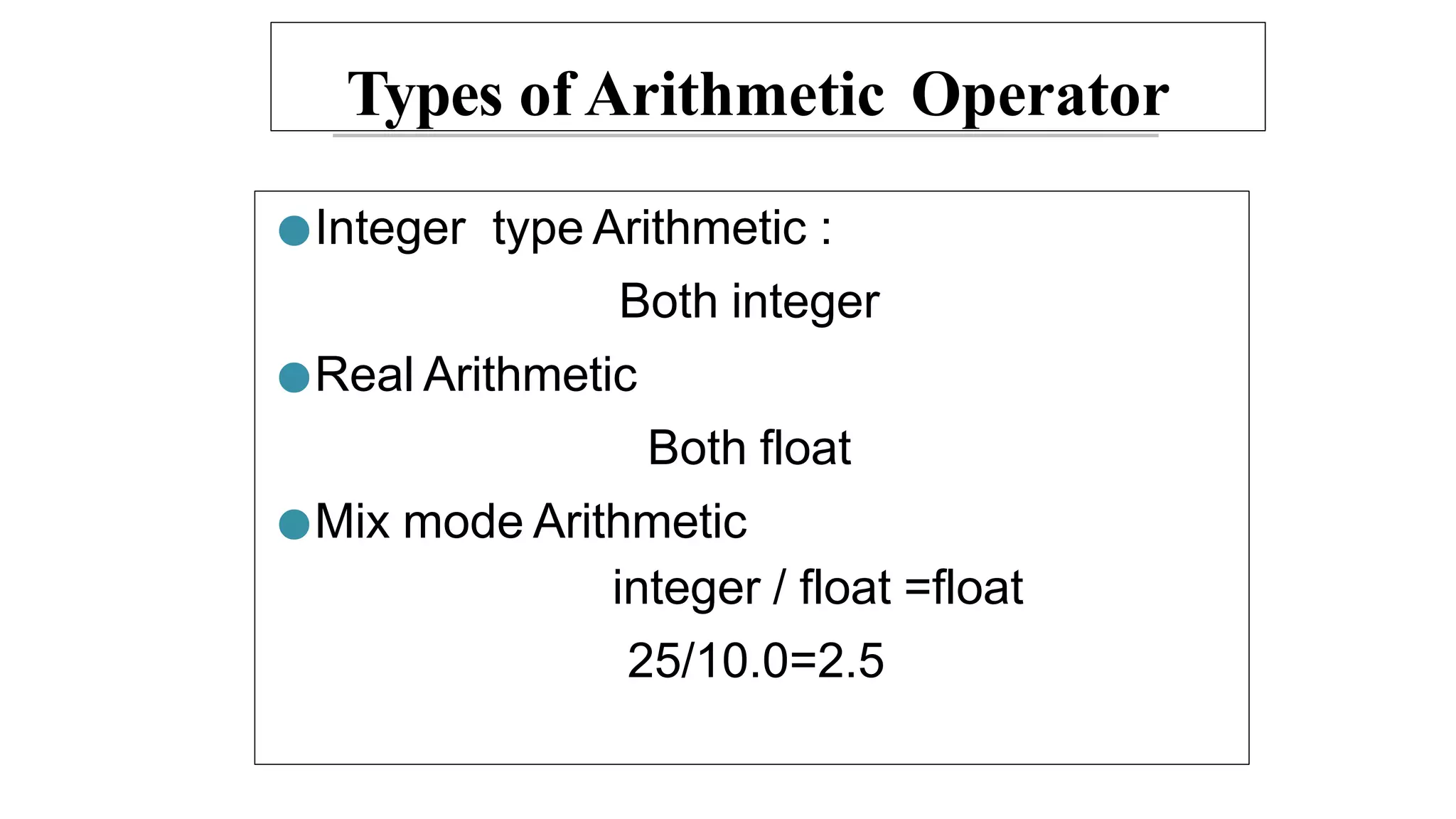 Types of Arithmetic Operator
●Integer type Arithmetic :
Both integer
●Real Arithmetic
Both float
●Mix mode Arithmetic
integer / float =float
25/10.0=2.5
 