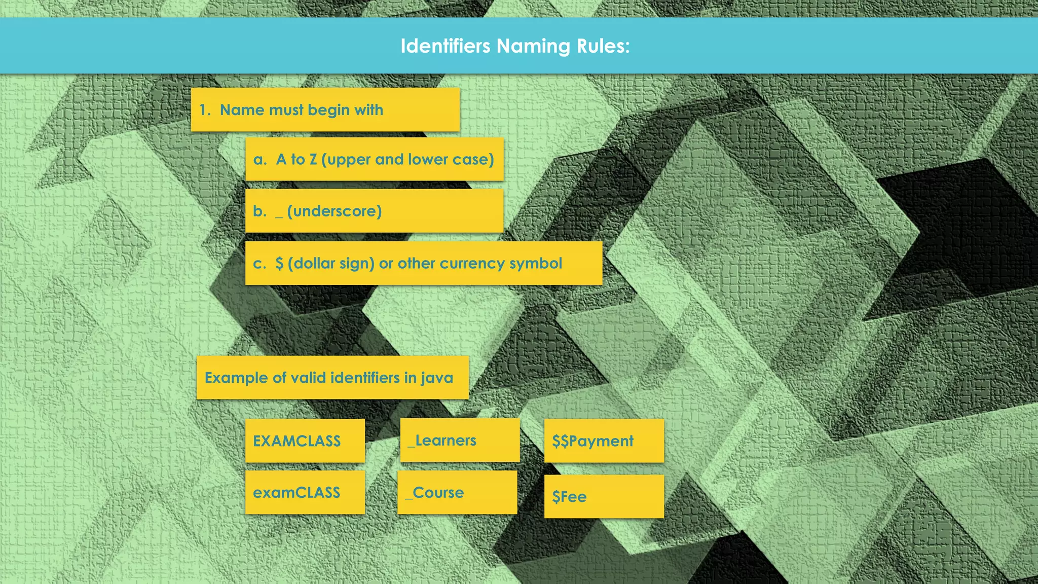 Identifiers Naming Rules: 1. Name must begin with a. A to Z (upper and lower case) b. _ (underscore) c. $ (dollar sign) or other currency symbol Example of valid identifiers in java EXAMCLASS examCLASS _Learners _Course $$Payment $Fee 