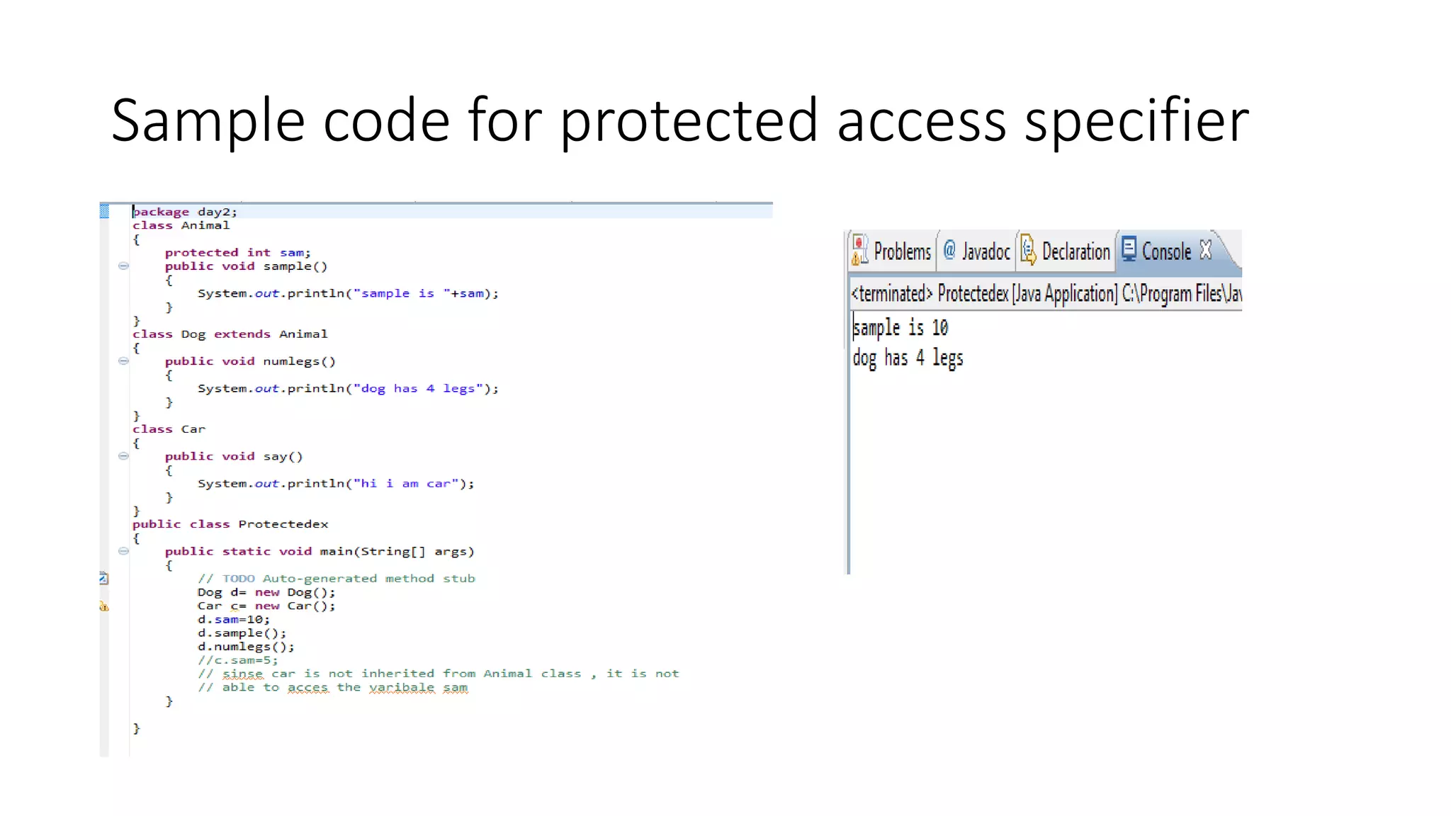 Sample code for protected access specifier 