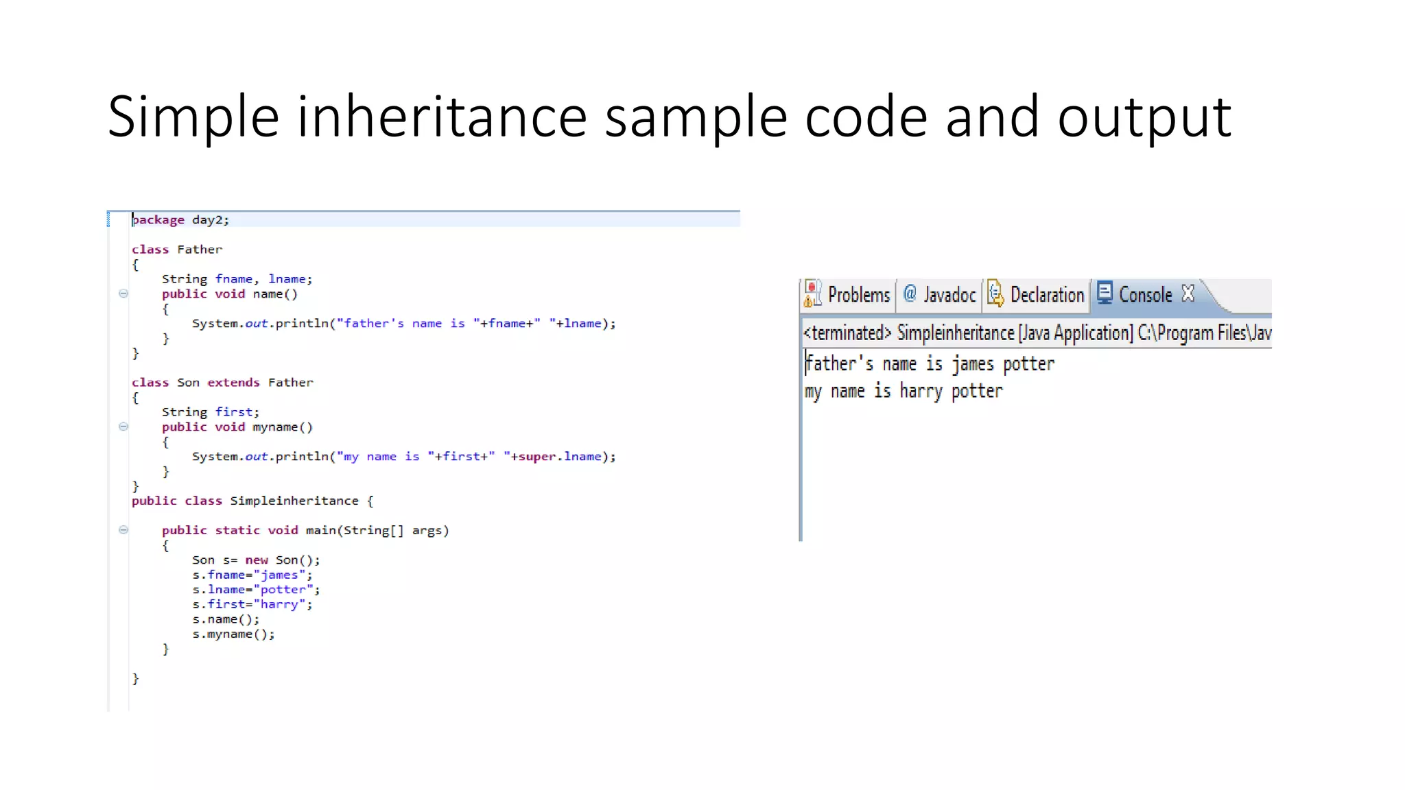 Simple inheritance sample code and output 