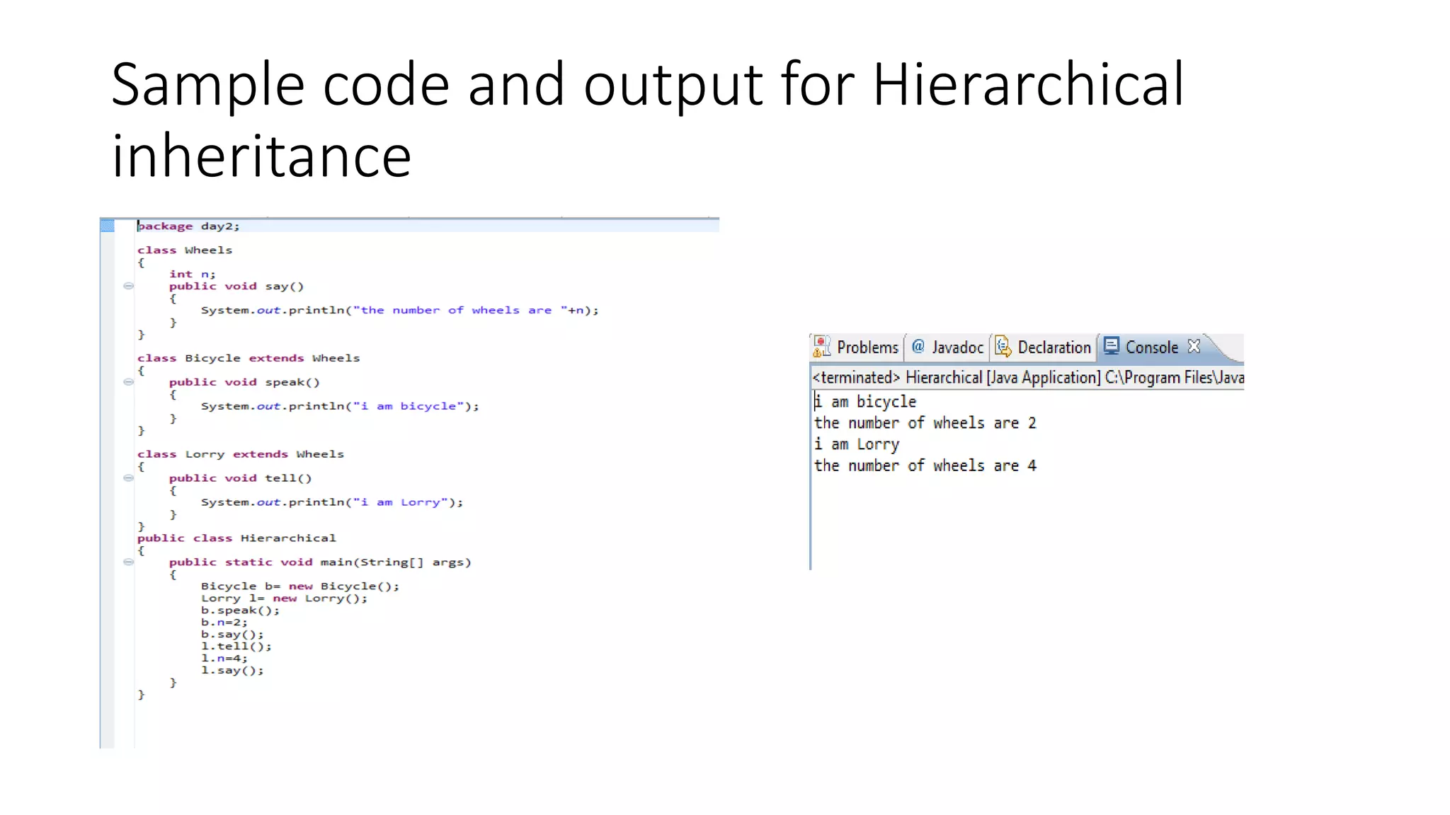 Sample code and output for Hierarchical inheritance 