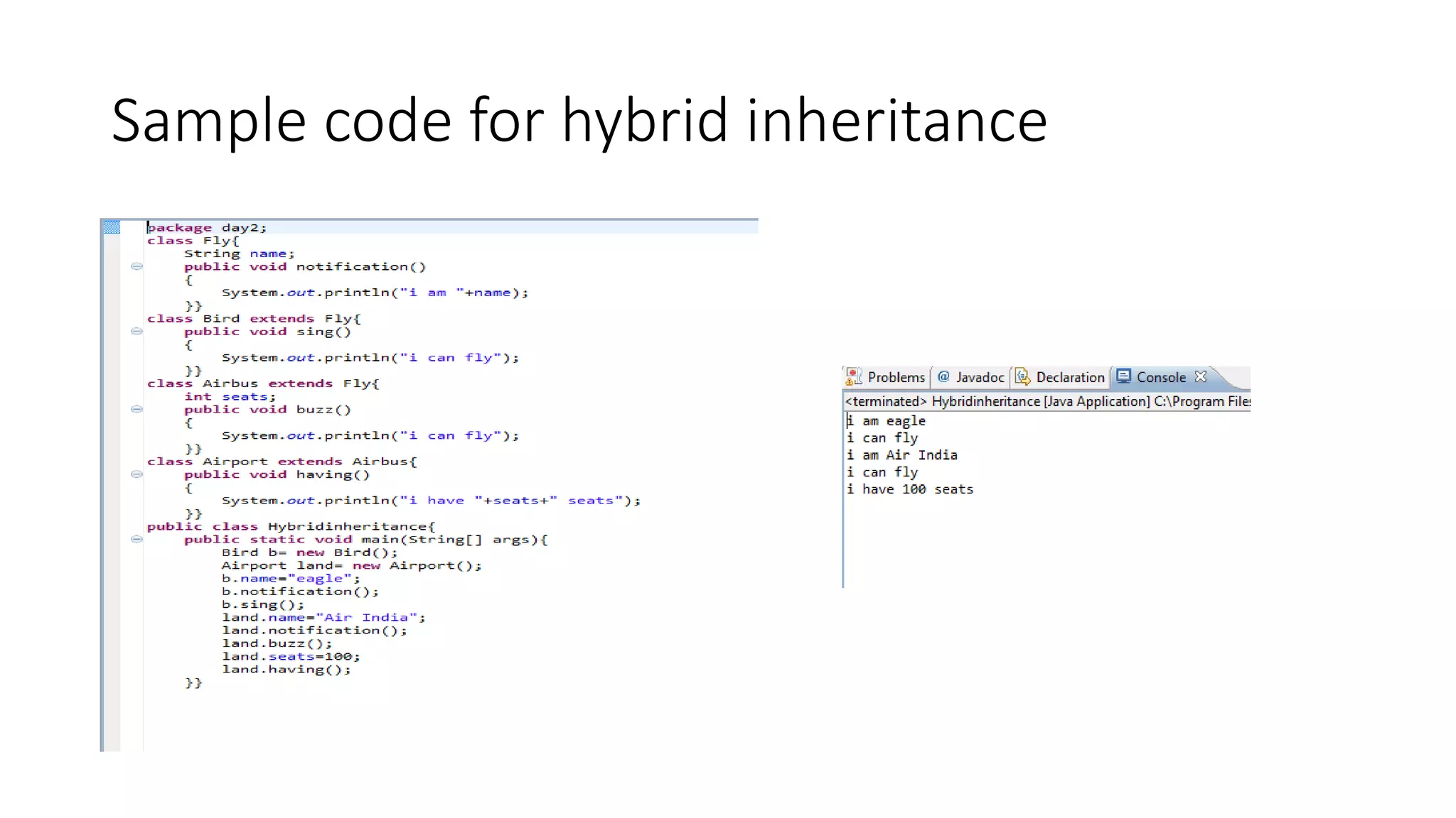 Sample code for hybrid inheritance 