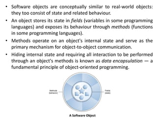 A Software Object
• Software objects are conceptually similar to real-world objects:
they too consist of state and related behaviour.
• An object stores its state in fields (variables in some programming
languages) and exposes its behaviour through methods (functions
in some programming languages).
• Methods operate on an object's internal state and serve as the
primary mechanism for object-to-object communication.
• Hiding internal state and requiring all interaction to be performed
through an object's methods is known as data encapsulation — a
fundamental principle of object-oriented programming.
 