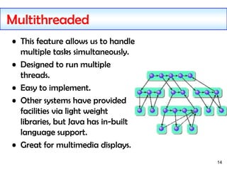 14
Multithreaded
• This feature allows us to handle
multiple tasks simultaneously.
• Designed to run multiple
threads.
• Easy to implement.
• Other systems have provided
facilities via light weight
libraries, but Java has in-built
language support.
• Great for multimedia displays.
 