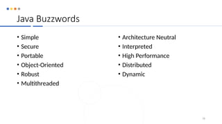 Java Buzzwords
• Simple
• Secure
• Portable
• Object-Oriented
• Robust
• Multithreaded
18
• Architecture Neutral
• Interpreted
• High Performance
• Distributed
• Dynamic
 