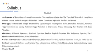 Syllabus
Module 1
An Overview of Java: Object-Oriented Programming (Two paradigms, Abstraction, The Three OOP Principles), Using Block
of Code, Lexical Issues (Whitespace, Identifiers, Literals, Comments, Separators, The Java Keywords).
Data types, variables and arrays: The Primitive Types (Integers, Floating-Point Types, Characters, Booleans), Variables,
Type Conversion and Casting Automatic Type Promotion in Expressions, Arrays, Introducing Type Interface with Local
Variables.
Operators: Arithmetic Operators, Relational Operators, Boolean Logical Operators, The Assignment Operator, The ?
Operator, Operator Precedence, Using Parentheses.
Control Statements: Java’s Selection Statements (if, The Traditional Switch), Iteration Statements (while, do-while, for, The
For-Each version of the loop. Local variable Type Inference in a for loop, Nested Loops), Jump Statements (Using break,
Using continue, return).
Chapter 2,3,4,5
2
 