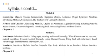 Syllabus contd…
Module 2
Introducing Classes: Classes fundamentals, Declaring objects, Assigning Object Reference Variables,
Introducing Methods, Constructors, The this keyword, Garbage Collection.
Methods and Classes: Overloading Methods, Objects as Parameters, Argument Passing, Returning Objects,
Access Control, Understanding static, Introducing final, Introducing Nested and Inner Classes.
Chapter 6, 7
Module 3
Inheritance: Inheritance basics, Using super, creating multi-level hierarchy, When Constructors are executed,
method overriding, Dynamic Method Dispatch, Using Abstract Classes, Using final with inheritance, Local
Variable Type and Inheritance, The Object Class.
Interfaces: Interfaces, Default Interface Methods, Use Static Methods in an Interface, Private Interface
Methods.
Chapter 8, 9
3
 