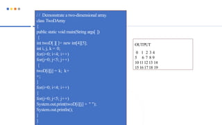 / / Demonstrate a two-dimensional array.
class TwoDArray
{
public static void main(String args[ ])
{
int twoD[ ][ ]= new int[4][5];
int i, j, k = 0;
for(i=0; i<4; i++)
for(j=0; j<5; j++)
{
twoD[i][j] = k; k+
+;
}
for(i=0; i<4; i++)
{
for(j=0; j<5; j++)
System.out.print(twoD[i][j] + " ");
System.out.println();
}
}
OUTPUT
0 1 2 3 4
5 6 7 8 9
10 11 12 13 14
15 16 17 18 19
 