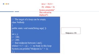 int a = 10, b =
20; while(a > b)
System.out.println("
This will not be
displayed");
 The body of the while (or any other of Java’s
loops) can be empty.This is because a
null statement (one that consists only of a semicolon)is
syntactically valid in Java.
/ / The target of a loop can be empty.
class NoBody
{
public static void main(String args[ ])
{
int i, j;
i = 100;
j = 200;
/ / find midpoint between i and j
while(++i < --j) ; / / no body in this loop
System.out.println("Midpoint is " + i);
} }
Midpoint is 150
 