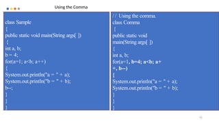 92
class Sample
{
public static void main(String args[ ])
{
int a, b;
b = 4;
for(a=1; a<b; a++)
{
System.out.println("a = " + a);
System.out.println("b = " + b);
b--;
}
}
}
/ / Using the comma.
class Comma
{
public static void
main(String args[ ])
{
int a, b;
for(a=1, b=4; a<b; a+
+, b--)
{
System.out.println("a = " + a);
System.out.println("b = " + b);
}
}
}
Using the Comma
 