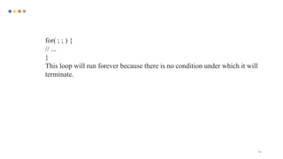 94
for( ; ; ) {
// ...
}
This loop will run forever because there is no condition under which it will
terminate.
 