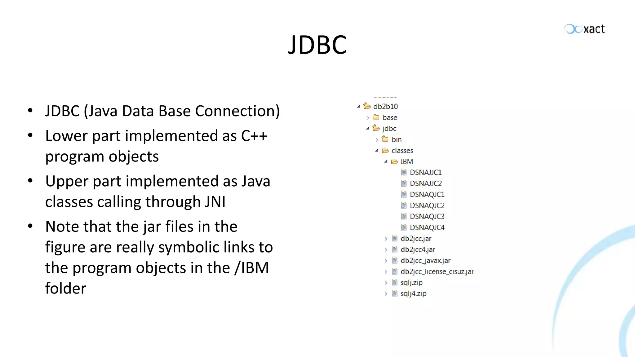 JDBC • JDBC (Java Data Base Connection) • Lower part implemented as C++ program objects • Upper part implemented as Java classes calling through JNI • Note that the jar files in the figure are really symbolic links to the program objects in the /IBM folder 