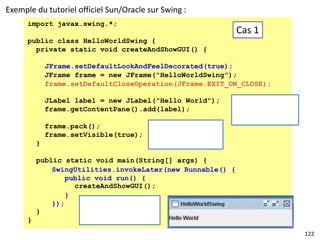 122
import javax.swing.*;
public class HelloWorldSwing {
private static void createAndShowGUI() {
JFrame frame = new JFrame("HelloWorldSwing");
JLabel label = new JLabel("Hello World");
frame.getContentPane().add(label);
frame.pack();
frame.setVisible(true);
}
public static void main(String[] args) {
createAndShowGUI();
}
}
Cas 1
frame.setDefaultCloseOperation(JFrame.EXIT_ON_CLOSE);
SwingUtilities.invokeLater(new Runnable() {
public void run() {
}
});
JFrame.setDefaultLookAndFeelDecorated(true);
Calcul de la taille
Et affic
hage
Gestion des threads
Et classe imbriqu
ée
Exemple du tutoriel officiel Sun/Oracle sur Swing :
 