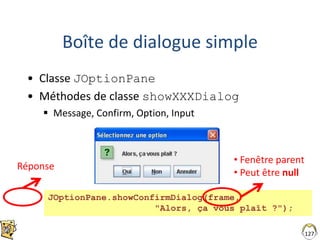 127
Boîte de dialogue simple
• Classe JOptionPane
• Méthodes de classe showXXXDialog
 Message, Confirm, Option, Input
JOptionPane.showConfirmDialog(frame,
"Alors, ça vous plaît ?");
• Fenêtre parent
• Peut être null
Réponse
 