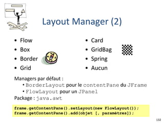 132
Layout Manager (2)
• Flow
• Box
• Border
• Grid
• Card
• GridBag
• Spring
• Aucun
frame.getContentPane().setLayout(new FlowLayout());
frame.getContentPane().add(objet [, paramètres]);
Managers par défaut :
• BorderLayout pour le contentPane du JFrame
• FlowLayout pour un JPanel
Package : java.awt
 