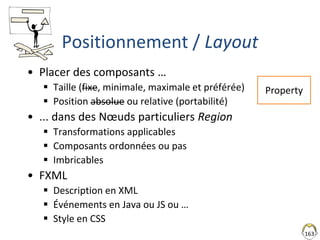 163
Positionnement / Layout
• Placer des composants …
 Taille (fixe, minimale, maximale et préférée)
 Position absolue ou relative (portabilité)
• ... dans des Nœuds particuliers Region
 Transformations applicables
 Composants ordonnées ou pas
 Imbricables
• FXML
 Description en XML
 Événements en Java ou JS ou …
 Style en CSS
Property
 
