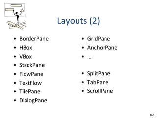 165
Layouts (2)
• BorderPane
• HBox
• VBox
• StackPane
• FlowPane
• TextFlow
• TilePane
• DialogPane
• GridPane
• AnchorPane
• …
• SplitPane
• TabPane
• ScrollPane
 