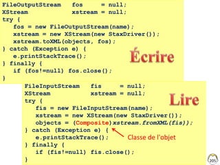 205
FileOutputStream fos = null;
XStream xstream = null;
try {
fos = new FileOutputStream(name);
xstream = new XStream(new StaxDriver());
xstream.toXML(objects, fos);
} catch (Exception e) {
e.printStackTrace();
} finally {
if (fos!=null) fos.close();
}
FileInputStream fis = null;
XStream xstream = null;
try {
fis = new FileInputStream(name);
xstream = new XStream(new StaxDriver());
objects = (Composite)xstream.fromXML(fis));
} catch (Exception e) {
e.printStackTrace();
} finally {
if (fis!=null) fis.close();
}
Classe de l'objet
 