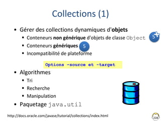 228
Collections (1)
• Gérer des collections dynamiques d'objets
 Conteneurs non générique d'objets de classe Object
 Conteneurs génériques
 Incompatibilité de plateforme
• Algorithmes
 Tri
 Recherche
 Manipulation
• Paquetage java.util
Options –source et -target
http://docs.oracle.com/javase/tutorial/collections/index.html
5
5
 