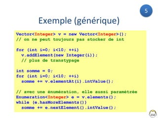 232
Exemple (générique)
Vector<Integer> v = new Vector<Integer>();
// on ne peut toujours pas stocker de int
for (int i=0; i<10; ++i)
v.addElement(new Integer(i));
// plus de transtypage
int somme = 0;
for (int i=0; i<10; ++i)
somme += v.elementAt(i).intValue();
// avec une énumération, elle aussi paramétrée
Enumeration<Integer> e = v.elements();
while (e.hasMoreElements())
somme += e.nextElement().intValue();
5
 