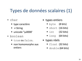 26
Types de données scalaires (1)
• char
 type caractère
 ≠ String
 unicode 'u0000'
• boolean
 true ou false.
 non homomorphe aux
entiers
• types entiers
 byte (8 bits)
 short (16 bits)
 int (32 bits)
 long (64 bits)
• types réels
 float (32 bits)
 double (64 bits)
 