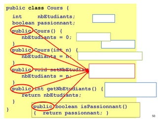 public class Cours {
}
50
Constructeurs
Attributsint nbEtudiants;
boolean passionnant;
public Cours() {
nbEtudiants = 0;
}
public Cours(int n) {
nbEtudiants = n;
}
public void setNbEtudiants(int n) {
nbEtudiants = n;
}
public int getNbEtudiants() {
return nbEtudiants;
}
public boolean isPassionnant()
{ return passionnant; }
Accesseur/Mutateur
Getter/setter/mutator
A répéter
Pas de public: [C++]
this(0);
setNbEtudiants(n);
 