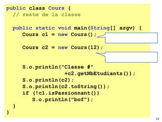 public class Cours {
// reste de la classe
}
53
public static void main(String[] argv) {
Cours c1 = new Cours();
Cours c2 = new Cours(12);
S.o.println("Classe #"
+c2.getNbEtudiants());
S.o.println(c2);
S.o.println(c2.toString());
if (!c1.isPassionnant())
S.o.println("bof");
}
 