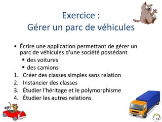 54
Exercice :
Gérer un parc de véhicules
• Écrire une application permettant de gérer un
parc de véhicules d'une société possédant
 des voitures
 des camions
1. Créer des classes simples sans relation
2. Instancier des classes
3. Étudier l'héritage et le polymorphisme
4. Étudier les autres relations
 