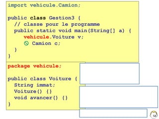 public class Gestion3 {
// classe pour le programme
public static void main(String[] a) {
vehicule.Voiture v;
}
}
package vehicule;
public class Voiture {
String immat;
Voiture() {}
void avancer() {}
}
58
./ Gestion3.java
vehicule/Voiture.java
vehicule/Camion.java
Compiler Gestion3 =
dépendances
Exécuter Gestion3
import vehicule.Camion;
 Camion c;
 