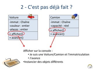 60
2 - C'est pas déjà fait ?
Voiture
-immat : Chaîne
-couleur : entier
-places : entier
+ afficher()
+ avancer()
Camion
-immat : Chaîne
-capacité : réel
+ afficher()
+ avancer()
Afficher sur la console :
• Je suis une Voiture/Camion et l'immatriculation
• J'avance
•Instancier des objets différents
 