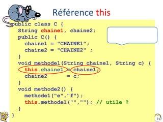 71
Référence this
public class C {
String chaine1, chaine2;
public C() {
chaine1 = "CHAINE1";
chaine2 = "CHAINE2" ;
}
void methode1(String chaine1, String c) {
this.chaine1 = chaine1;
chaine2 = c;
}
void methode2() {
methode1("e","f");
this.methode1("",""); // utile ?
}
}
 