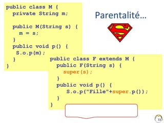 72
Parentalité…
public class M {
private String m;
public M(String s) {
m = s;
}
public void p() {
S.o.p(m);
}
}
public class F extends M {
public F(String s) {
super(s);
}
public void p() {
S.o.p("Fille"+super.p());
}
}
 